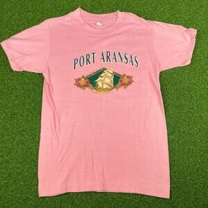 Vintage 70s Port Arkansas Ship Hibiscus Lexington Pink Souvenir T-Shirt Sz L
